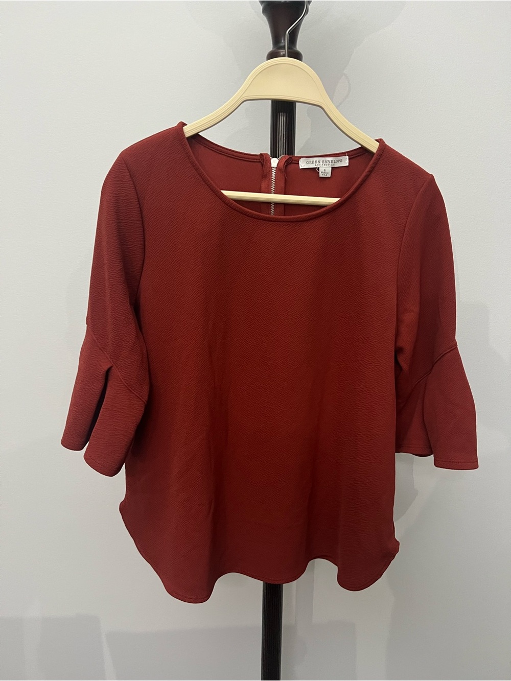 Green Envelope Deep Brick Ruffle Sleeve Blouse